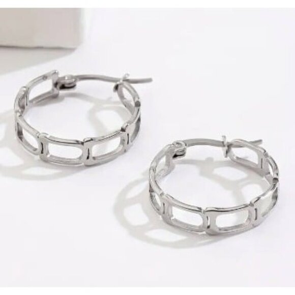 Silver Stainless Steel Geometric Hoop Earrings - Picture 2 of 4